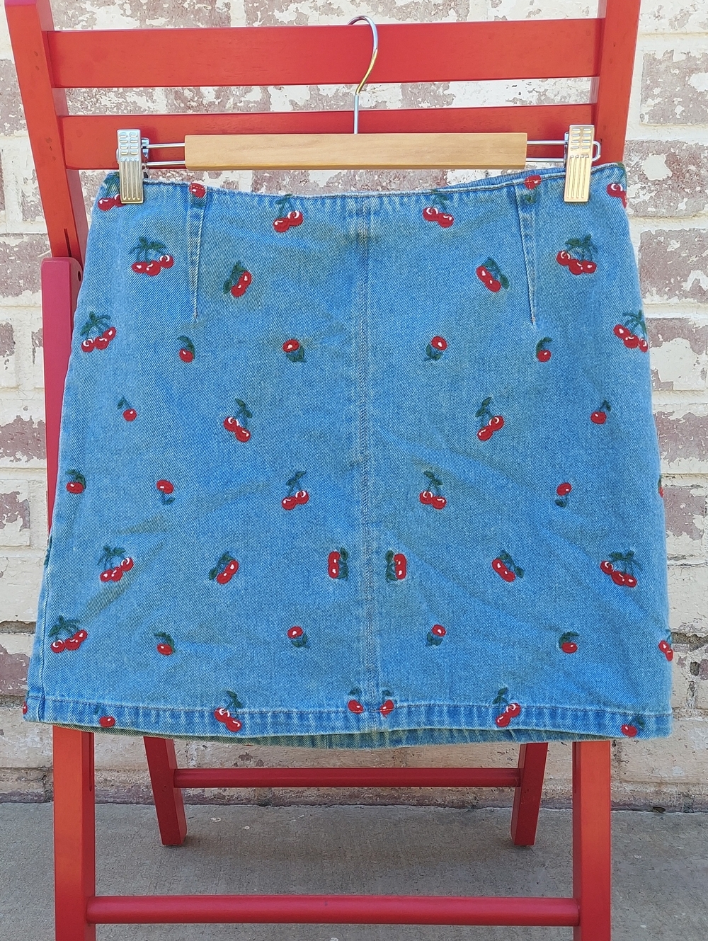 H&M Denim Mini Skirt with Red Cherry Embroidery